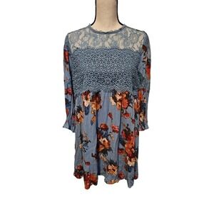 Umgee blue floral‎ lace tunic mini dress Size Medium